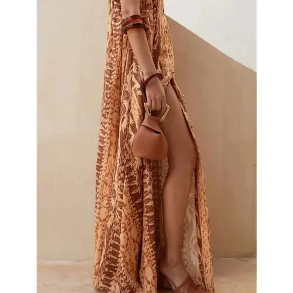 Cult Gaia NWT Agatha Printed Linen Maxi Dress Cut Outs Spice Multi Size Large - Picture 7 of 10